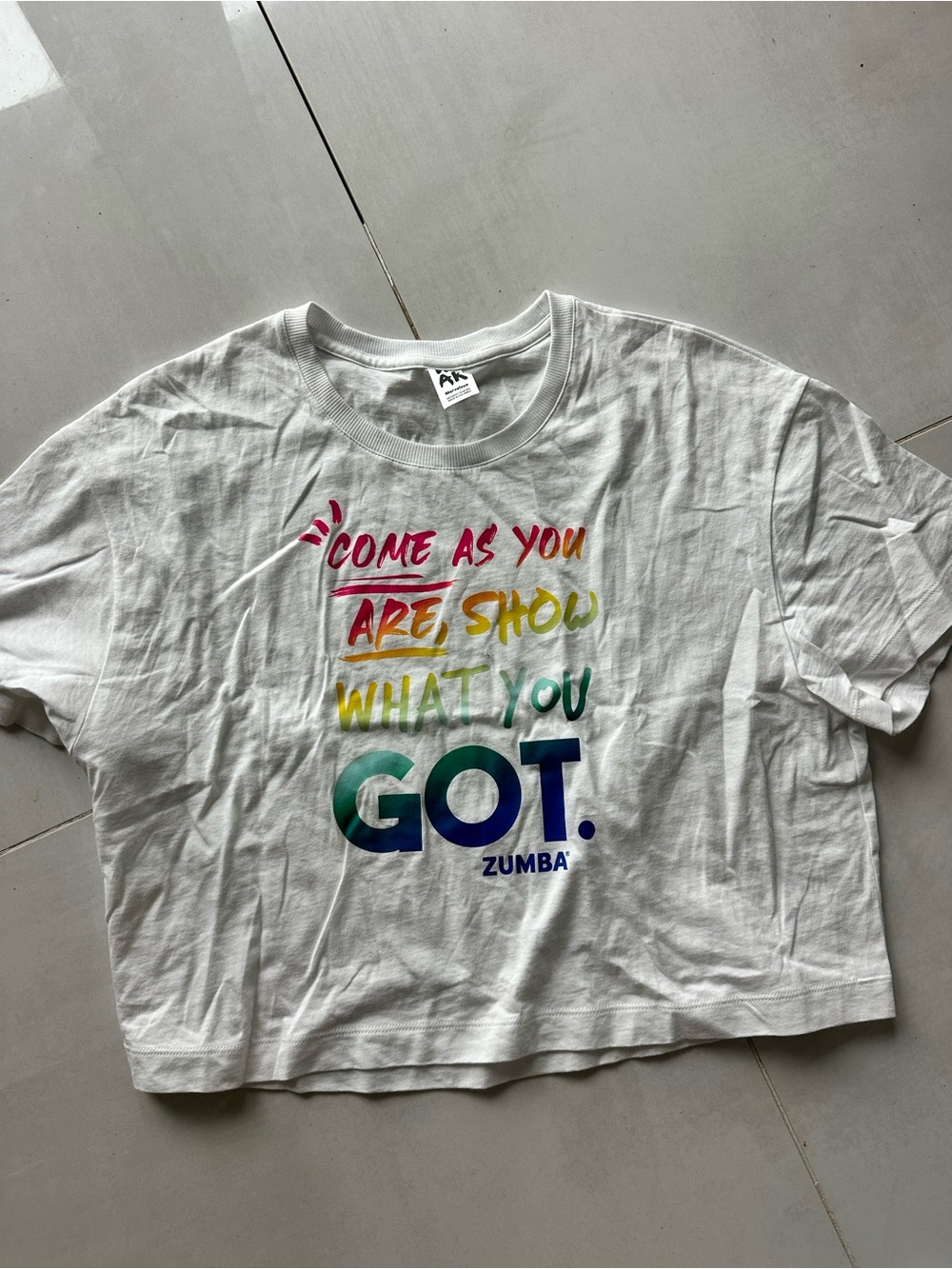 Zumba Fitness White Cropped Tee with Rainbow GOT. Graphic